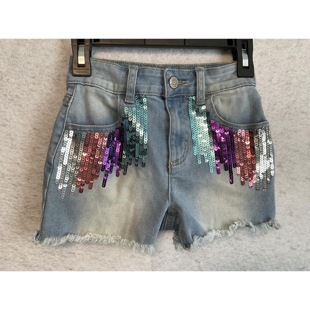 Justice Shorts Girls 7 Blue Denim Mini Mom Sequin Fringe Pockets Raw Hem Sparkle